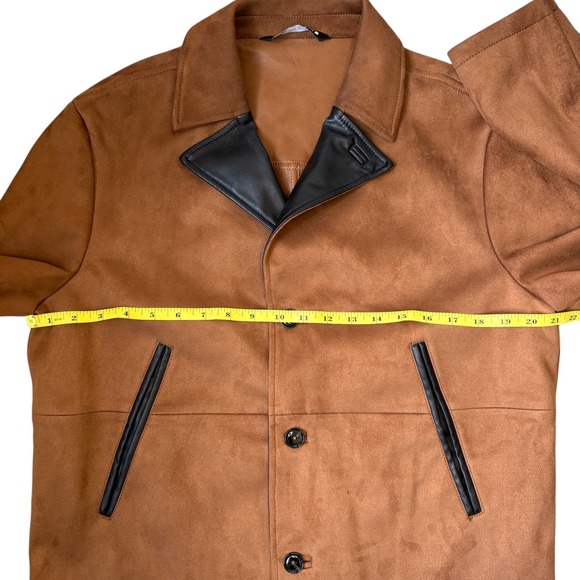 Zara Mens Jacket XL Brown Faux‎ Suede Black Trim Button Front Collared Coat - Picture 5 of 10